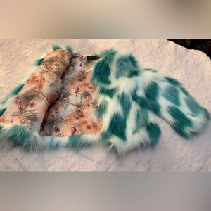 Faux Fur Teal and White Scarf